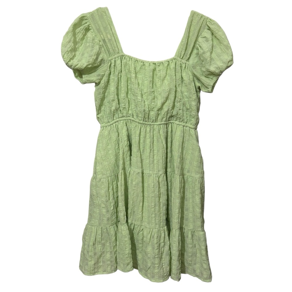 Day + Moon Light Green‎ Puff Sleeve Tie Back Mini Dress Gauze Crinkle